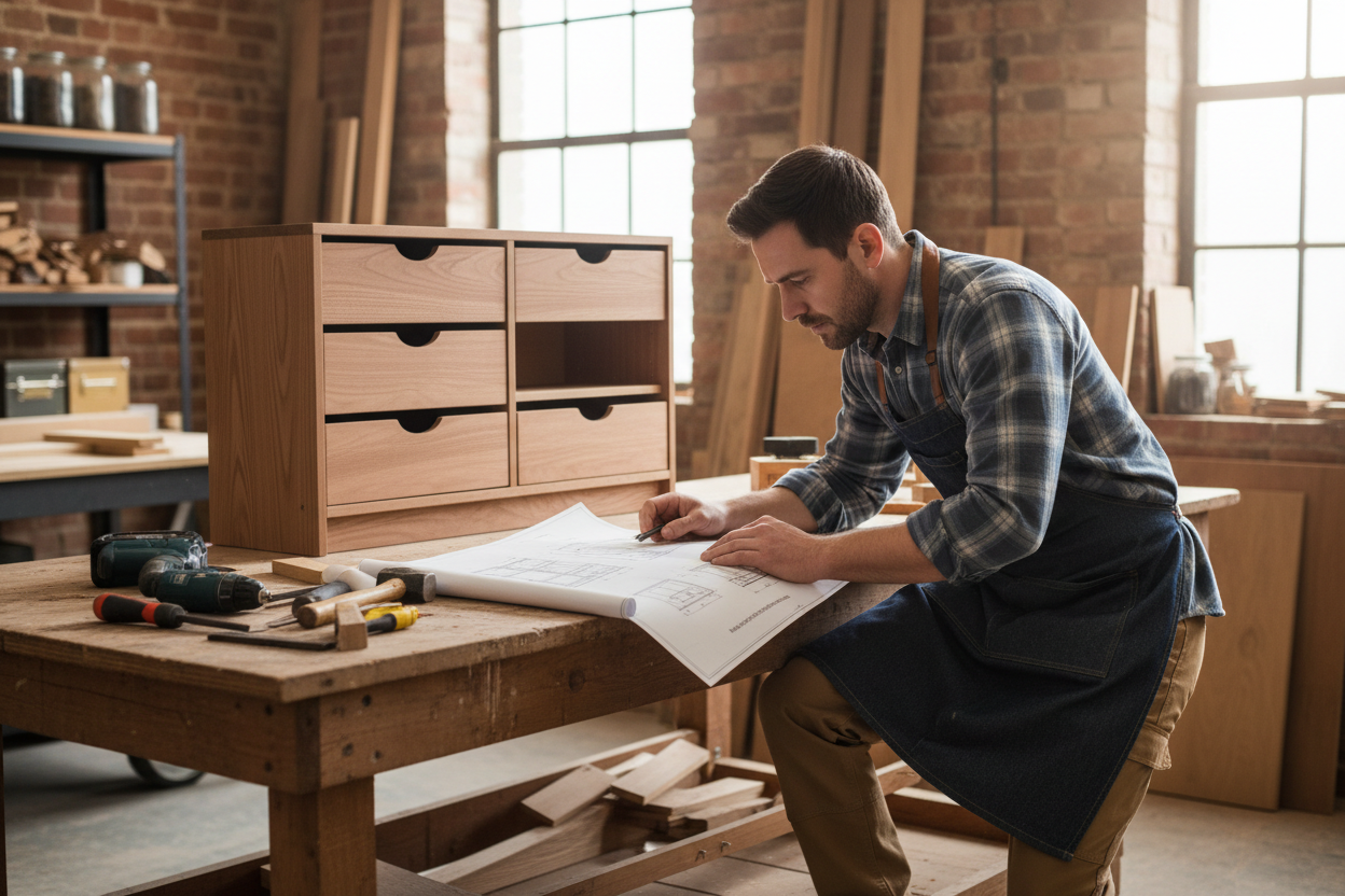 Un carpintero trabajando en un mueble zapatero mirando planos echos que compro