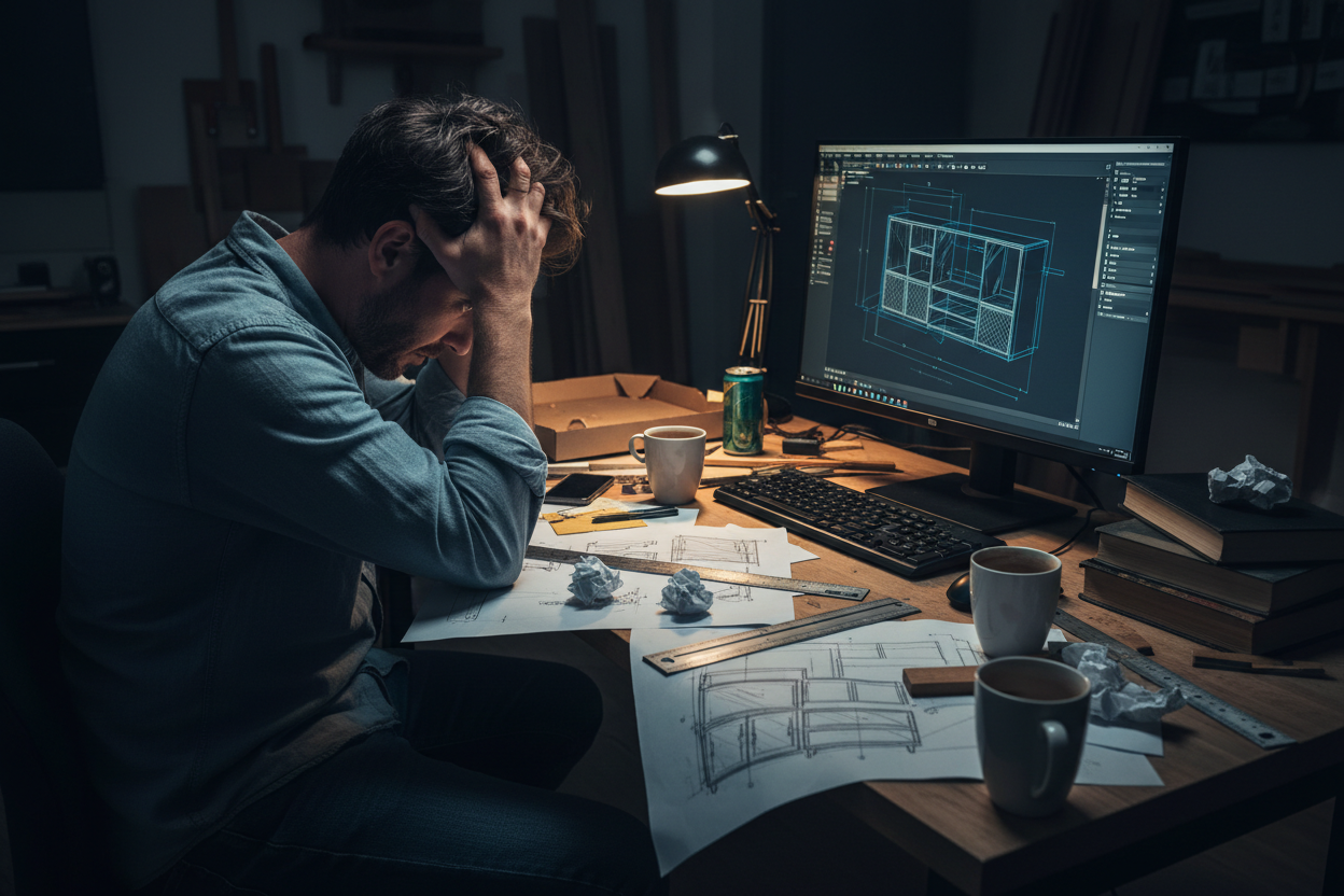 Un hombre frustrado intentando hacer planos de muebles en su computadora